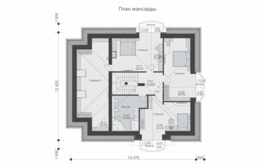 Одноэтажный дом с мансардой, четырьмя спальнями и балконами